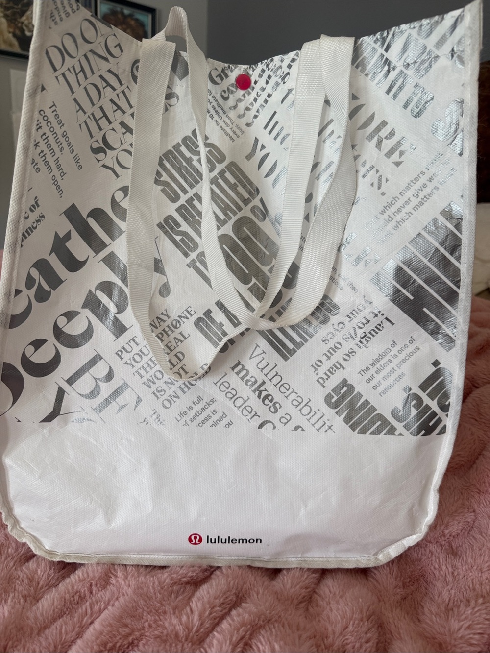 lululemon white and gray newspaper-print tote